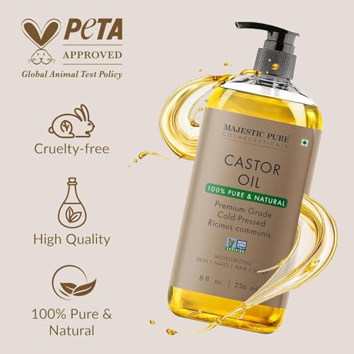 Majestic Pure Castor Oil - 100% Natural Cold Pressed | Hair, Eyelashes, Eyebrows & Nails | 8 Fl Oz