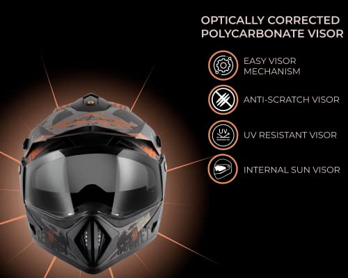 Vega Off Road Secret ISI Certified Full Face Helmet - Dual Visor (Dull Anthracite Black, Size L)