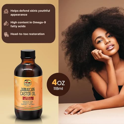 JAMAICAN Ambre Amber Organic Castor Oil - Cold Pressed, 4 fl oz/118 ml - For Hair Strength, Growth, Eyelashes, Eyebrows, Scalp Health and Daily Moisturizing