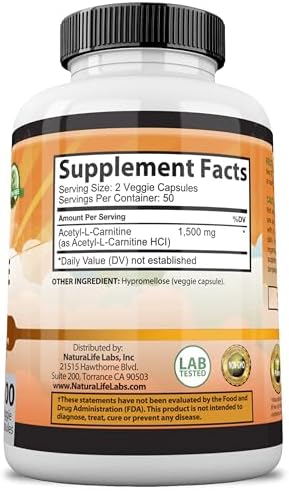 Acetyl L-Carnitine 1,500 mg High Potency Supports Energy Production, Sports Nutrition, Supports Memory/Focus - 100 Veggie Capsules