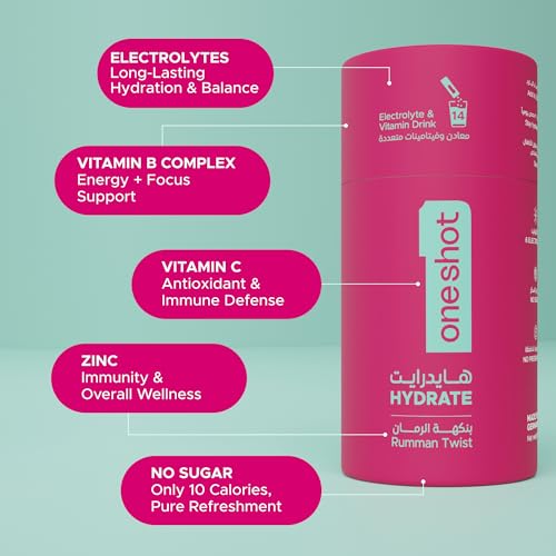 Oneshot Hydration Electrolyte Powder Drink Mix - Sugar Free, Pomegranate Flavor, 14 Sachets
