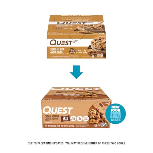 Quest Nutrition Chocolate Chip Cookie Dough Protein Bar, High Protein, Low Carb, Gluten Free, Soy Free, Keto Friendly, 12 Count