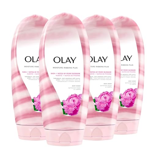 Olay Moisture Ribbons Plus Shea + Notes of Peony Blossom Body Wash | 18 fl oz | Pack of 4 | Hydrating & Nourishing