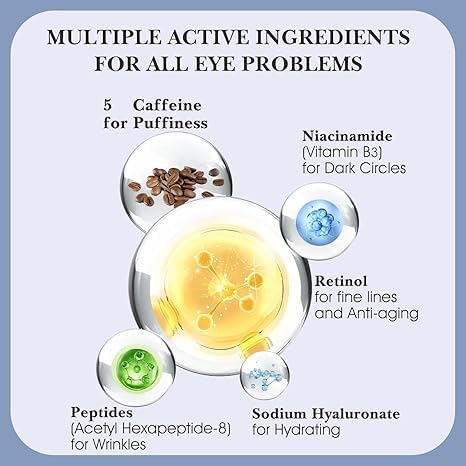ALMEKAQUZ Caffeine Eye Cream for Dark Circles & Under-Eye Puffiness, 360° Massage Roller Ball, Morning Skincare