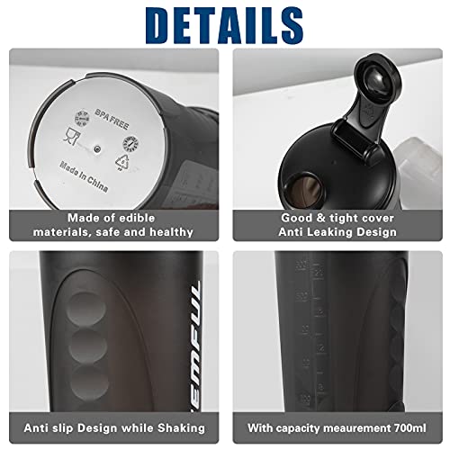 GEMFUL Protein Shaker Bottle 700ml - BPA-Free, Leak-Proof Sports Blender Cup