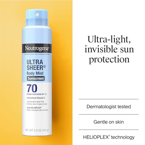 Neutrogena Ultra Sheer Body Mist Sunscreen Spray SPF 70 - Lightweight, Non-Greasy, Water Resistant, Broad Spectrum UVA/UVB Protection (5 oz)