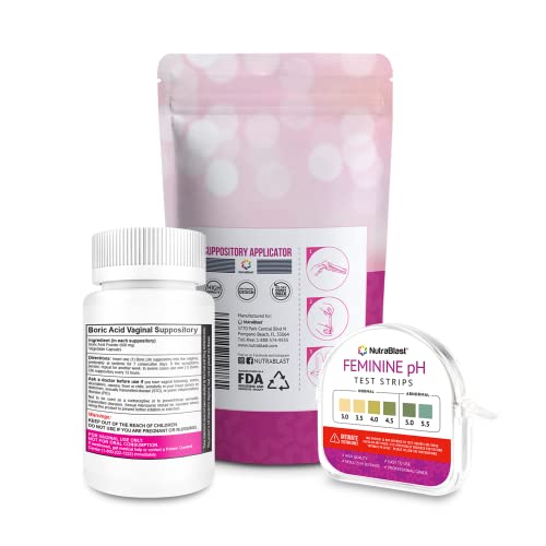 NutraBlast Boric Acid Suppositories 600mg (30 Count) with Applicators & pH Test Strips