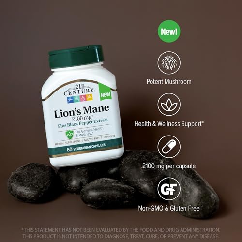 21st Century Lion's Mane Mushroom Capsules - 2100mg with Black Pepper Extract, 60 Count