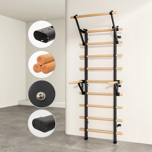 DHT Wood Swedish Stall Bar with Suspension Trainer - 9-Rod Home Gym Equipment