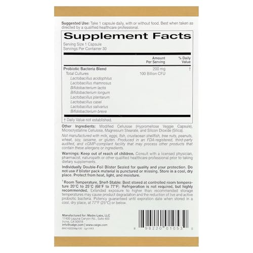 California Gold Nutrition LactoBif 100 Probiotics – 100 Billion CFU Multi-Strain Probiotic Formula, 30 Veggie Capsules