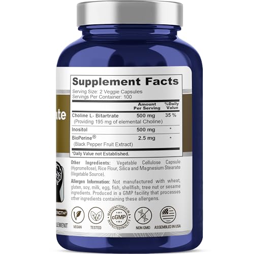Choline & Inositol 1000mg - 200 Veggie Capsules | Non-GMO, Gluten-Free, Vegetarian