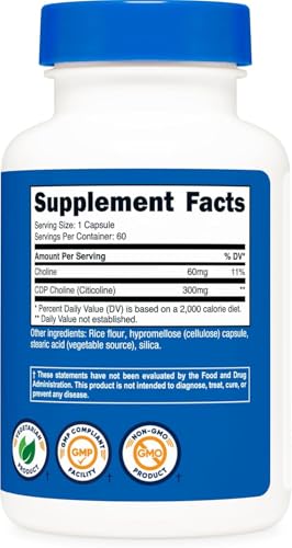 Nutricost CDP Choline (Citicoline) 300mg - 60 Vegetarian Capsules - Non-GMO, Gluten Free