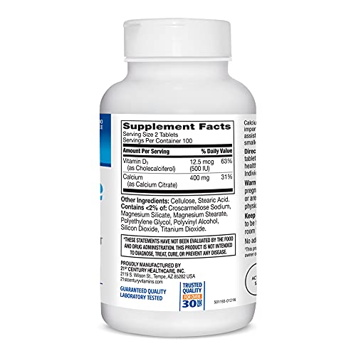 21st Century Calcium Citrate Petites + D3 - Bone Strength & Absorption - 200 Tablets