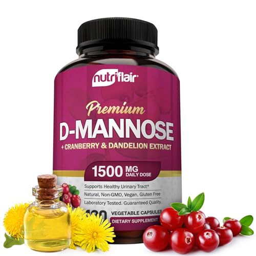 NutriFlair D-Mannose 1200mg - 120 Capsules with Cranberry & Dandelion Extract for Urinary Tract Health & UTI Support