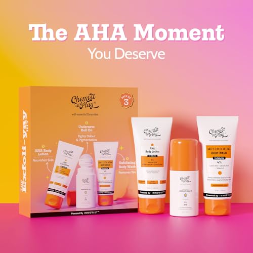 Chemist At Play Exfoliating Kit with AHA Body Lotion, Underarm Roll-On, Soap, Toner & Serum for Tan, Odour & Brightening 140ml