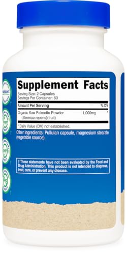 Organic Saw Palmetto Supplement 1000mg, 120 Vegetarian Capsules, Gluten Free