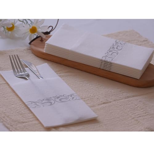 DADAWU Elegant White Linen-Feel Disposable Dinner Napkins with Gold Flatware Pocket - Pack of 50 for Parties & Weddings