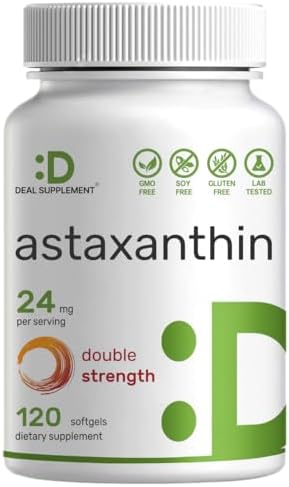 Astaxanthin 24mg Per Serving, 120 Softgels – Double Strength Microalgae – Natural Tanning Pills – Antioxidant Supplements for Skin, Eyes, Joints & Immune Support – Non-GMO