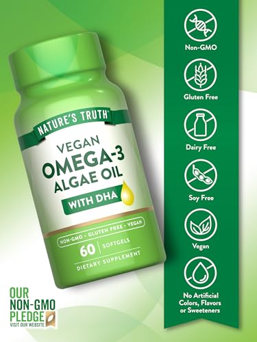 Nature's Truth Vegan Omega 3 Softgels - Algae Oil Formula with DHA - Non-GMO & Gluten Free (60 Count)