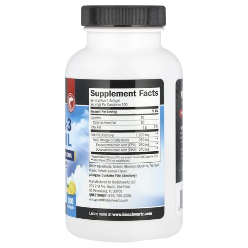 BioSchwartz Once Daily Omega-3 Fish Oil - Triple Strength - High Potency - Lemon - 1200mg - 100 Softgels