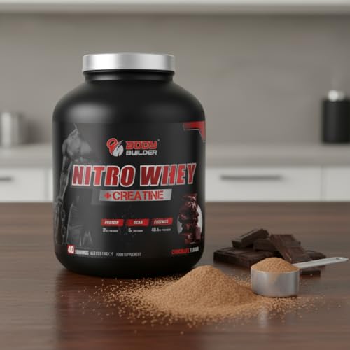 Body Builder Nitro Whey Protein Powder - 31g Whey Protein with Creatine Monohydrate, BCAA & Digestive Enzymes - Gluten-Free, No Added Sugar - Chocolate, 4 LB