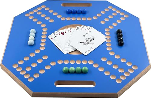 Funz Jackaroo Wooden Board Game for 4 Players with Glass Marbles and Cards, 39x39 cm, Blue