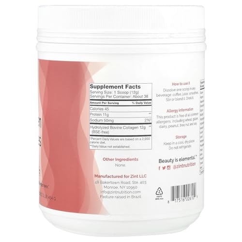 Zint Pure Grass-Fed Collagen Peptides Powder - Unflavored & Hydrolyzed, 16oz