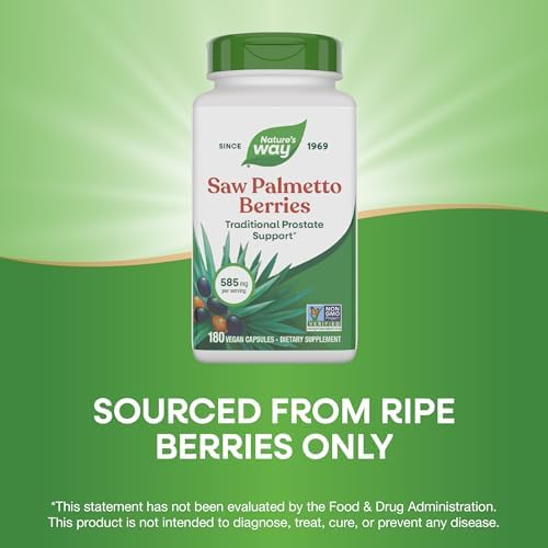 Nature's Way Saw Palmetto Berries, Traditional Prostate Support*, 585 mg per Serving, Non-GMO Project Verified, Vegan, 180 Capsules (Packaging May Vary)