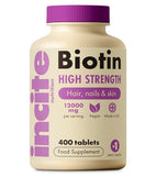 Incite Nutrition Biotin Hair Growth Supplement 12,000mcg - 400 Tiny Tablets (Full Year Supply)