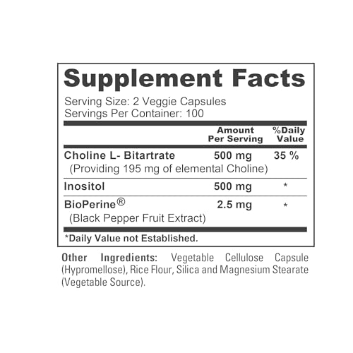 Choline & Inositol 1000mg - 200 Veggie Capsules | Non-GMO, Gluten-Free, Vegetarian