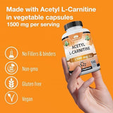 Acetyl L-Carnitine 1,500 mg High Potency Supports Energy Production, Sports Nutrition, Supports Memory/Focus - 100 Veggie Capsules