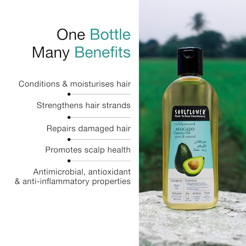 Soulflower Avocado Carrier Oil - 100% Pure Organic Cold Pressed Oil for Hair Growth, Face & Skin Care - 200ml