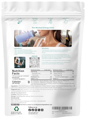 Micro Ingredients Hydration Electrolyte Powder - Keto & No Sugar - High Potassium with Lemon Raspberry Flavor