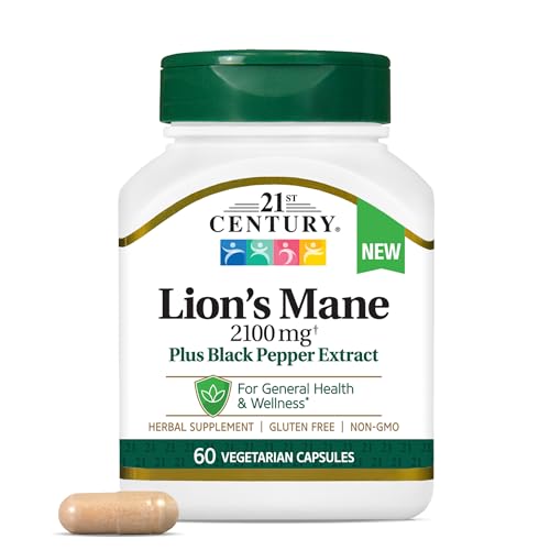 21st Century Lion's Mane Mushroom Capsules - 2100mg with Black Pepper Extract, 60 Count