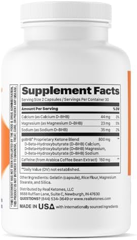 Keto BHB Salts Capsules - Sodium Calcium & Magnesium BHB Capsules with Caffeine & Patented goBHB Beta-Hydroxybutyrate Electrolytes - Exogenous Ketones Supplement for Enhanced Energy Focus & Ketosis