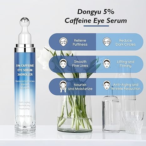 ALMEKAQUZ Caffeine Eye Cream for Dark Circles & Under-Eye Puffiness, 360° Massage Roller Ball, Morning Skincare