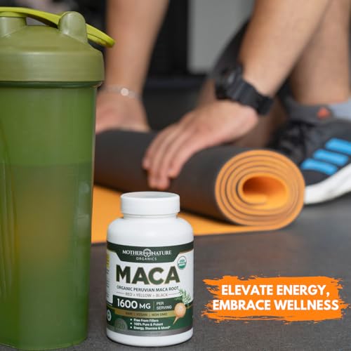 Mother Nature USDA Organic Maca Root Capsules 1600mg - Vegan, Raw Peruvian Maca Supplement for Stamina, Hormonal Balance & Well-Being - Non-GMO - Reproductive Health (120ct)