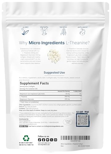 Micro Ingredients L-Theanine 200mg with Magnesium Glycinate - 400 MCT Coconut Oil Softgels for Relaxation & Focus