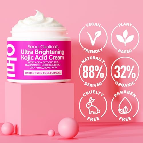 SeoulCeuticals Korean Kojic Acid Cream - Dark Spot Remover with Glycolic Acid, Niacinamide & Cica - Cruelty-Free K-Beauty Skincare (2oz)
