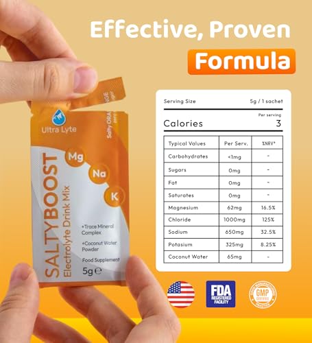 Ultra Lyte SaltyBoost Drink Mix - 24 Sachets - Sugar-Free Salty Orange Electrolytes Powder with High Sodium, Trace Minerals & Coconut Water | Hydration for Fitness & Wellness