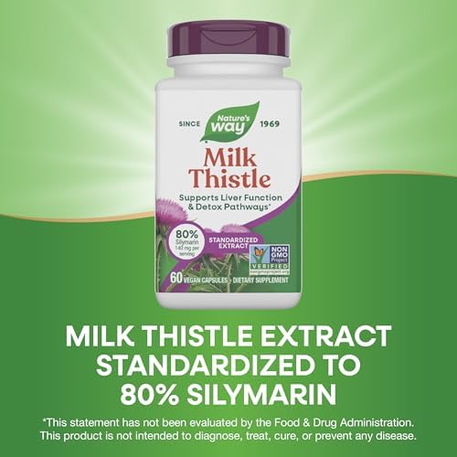 Nature's Way Milk Thistle, Supports Liver Function & Detox Pathways*, 175 mg Milk Thistle Seed Extract Standardized to 80% Silymarin per Serving, Vegan, 60 Capsules (Packaging May Vary)