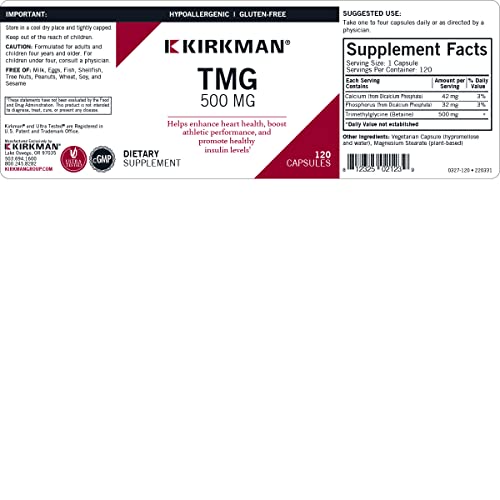 Kirkman Labs TMG Trimethylglycine 500mg - Methylation & Heart Health Aid, 120 Capsules