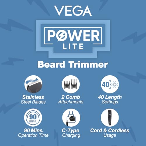 Vega Power Lite Beard Trimmer for Men - Black, 90 Min Runtime, 40 Length Settings