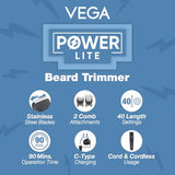 Vega Power Lite Beard Trimmer for Men - Black, 90 Min Runtime, 40 Length Settings