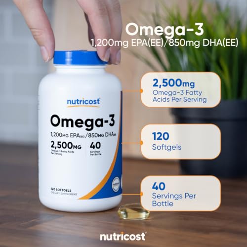Nutricost Omega 3 Fish Oil 2500mg - 120 Softgels - Wild Caught - 1200mg EPA 850mg DHA - Non-GMO, Gluten Free