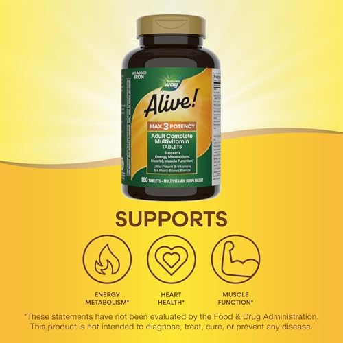 Nature's Way Alive! Max3 Potency Adult Complete Multivitamin, High Potency B-Vitamins to Support Energy Metabolism*, with Methylated B12 and Folate, No Added Iron, 180 Tablets (Packaging May Vary)