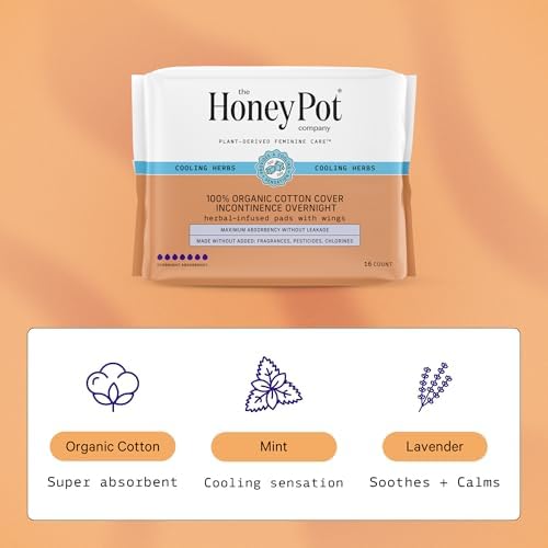 The Honey Pot Company, Herbal-Infused Cotton Pads with Wings, Organic Incontinence Overnight, 16 Count