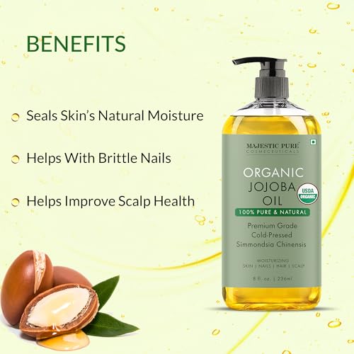 Majestic Pure Organic Jojoba Oil 236 ML – 100% Pure, Cold-Pressed for Skin, Hair, Massage & Dilution