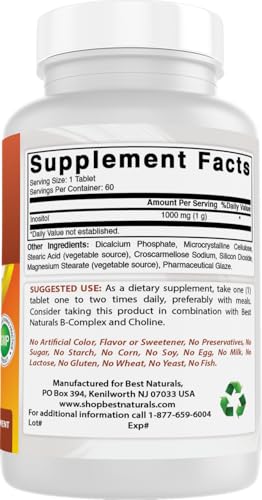 Best Naturals Inositol 1000mg - Mood, Hormone & Cellular Health - 60 Tablets