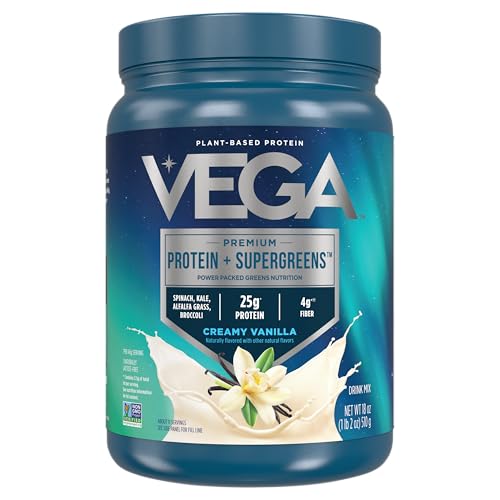 Vega Protein & Greens Creamy Vanilla Vegan Powder - 25g Plant Protein + Veggies, 11 Servings, 1.2lbs